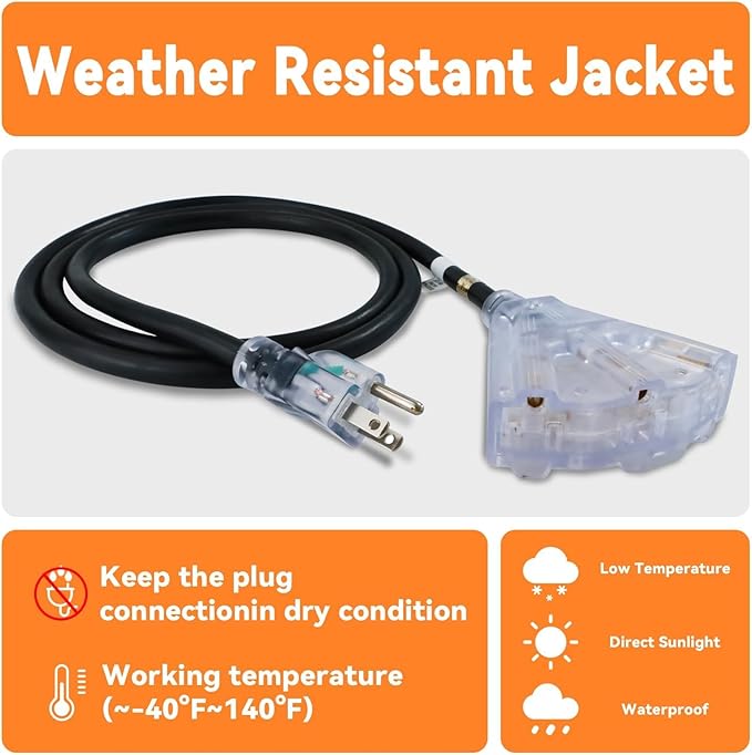 EP 12 Ft 12 Gauge Heavy Duty Extension Cord, 15A 125V 1875W, 3 Outlet - Image 5