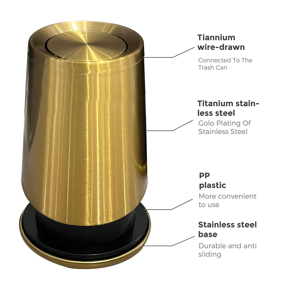 10 L/3 Gallen,Gold Small Trash Can for Bathroom,Brushed Stainless Steel Garbage Can with Flipping Lid,for Bathroom,Living Room,Bedroom,Hotel,Conference Room(Gold)