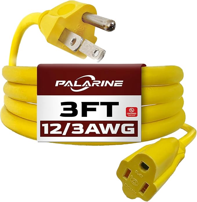 3ft Yellow Extension Cord Waterproof, UL Listed, 12/3 SJTW Heavy Duty 3 Prong by PALARINE