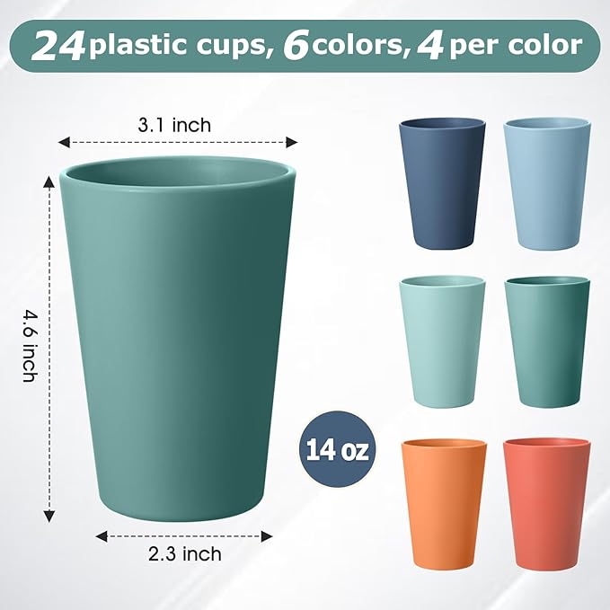 24 Pcs Unbreakable Plastic Cups Set, 14 oz Reusable Plastic Cups, Stackable - Image 2