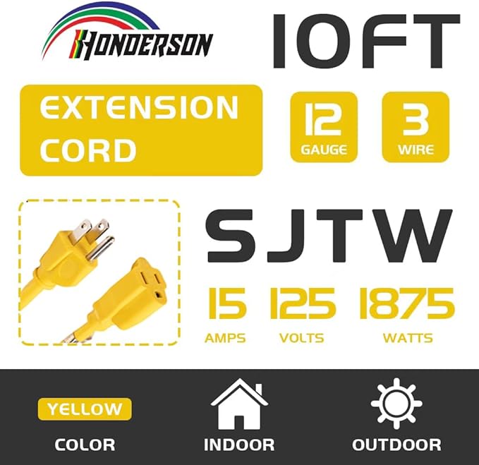 Indoor Outdoor Extension Cord Weatherproof, UL Certified, 12 Gauge 10FT Yellow - Image 2