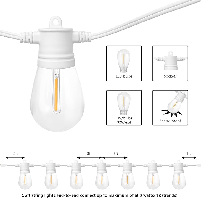 SUNTHIN White Outdoor String Lights, 96FT White Patio Lights - Image 2