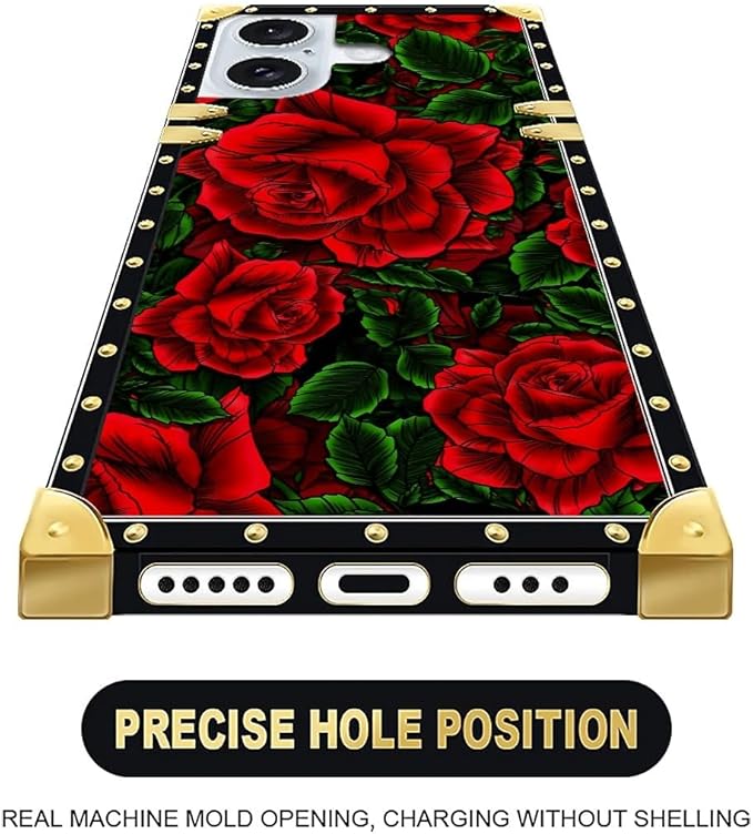 Compatible with iPhone 16 Case, Vector Red Rose Green Leaf Luxury Golden - Image 6