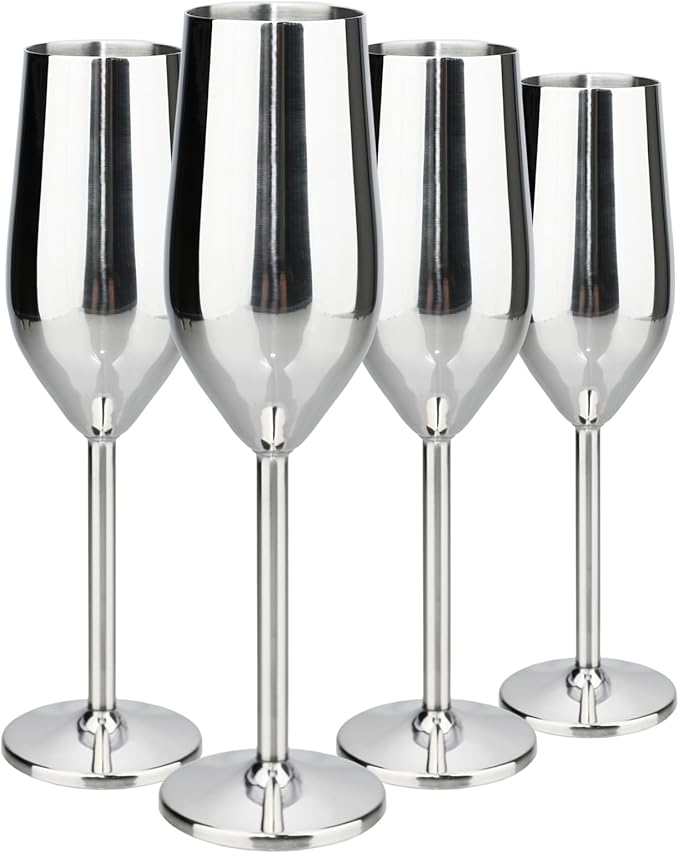 TJ Unbreakable 8 Oz Stainless Steel Champagne Flutes- Silver Champagne Glasses by TJ