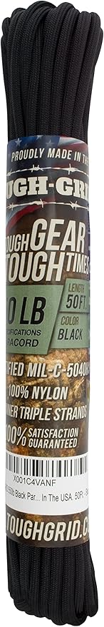 TOUGH-GRID 550 Paracord, Type III Mil-Spec Nylon Rope - 50 Ft Black Tactical - Image 3