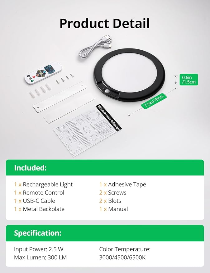 Bojim Rechargeable Motion Sensor Wireless Closet Ceiling Light 6000mAh Battery - Image 9