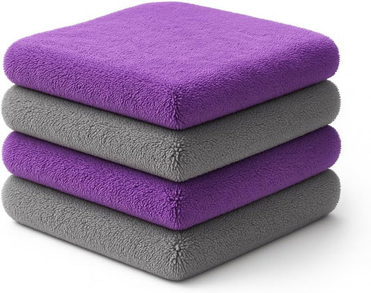 Paks - Edgeless Microfiber Towels 4-Pack - Car Detailing Wash Cloths for Cleaning - 16x16 Car Drying Towel - Lint Free Auto Rags for Polishing & Buffing - Purple & Grey Cleaning Supplies