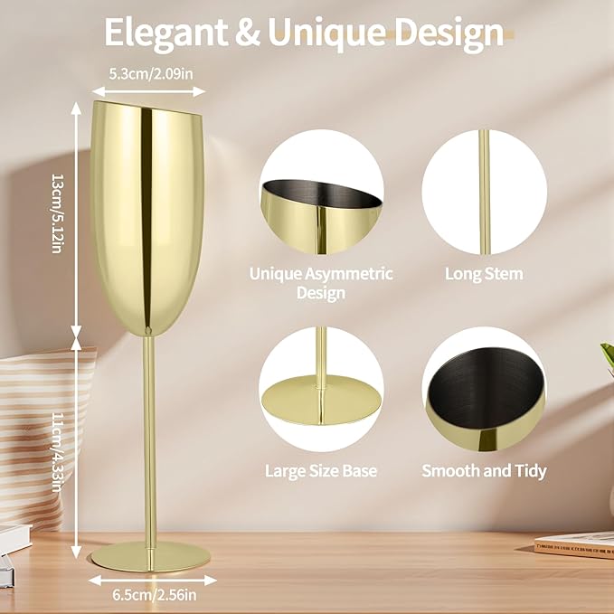 TJ Champagne Glasses Set of 4 Stainless Steel Champagne Flutes 8.5 oz - Image 2
