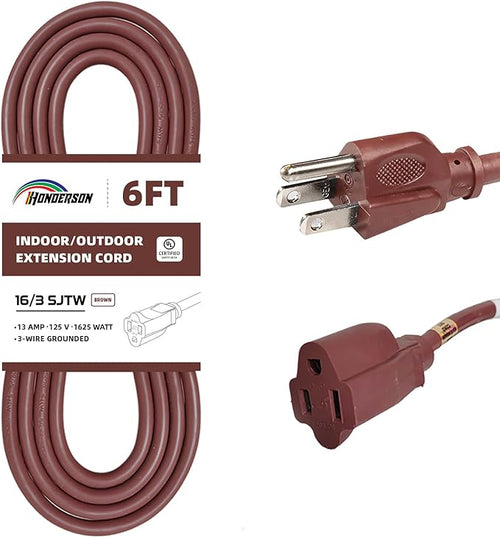 6FT Brown Outdoor Extension Cord-16/3 SJTW Durable Extension Cord by HONDERSON