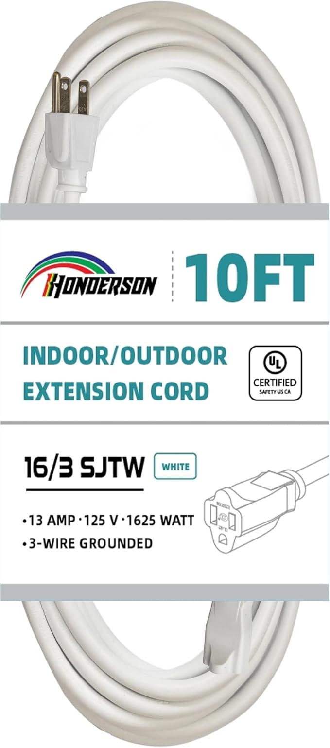 Indoor Outdoor Extension Cord Weatherproof, UL Certified, 16 Gauge 10FT White 3 by HONDERSON