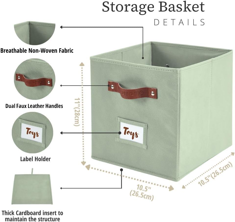 DECOMOMO Storage Bins, Cube Storage Bin with Labels, Fabric Storage Cubes for Shelves (10.5" x 11" / 6pcs, Sage Green)
