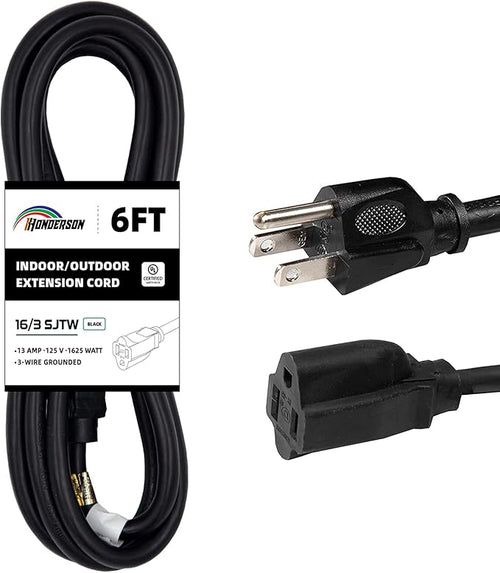 6FT Outdoor Extension Cord-16/3 SJTW Durable Black, 3 Prong Grounded Plug Power by HONDERSON