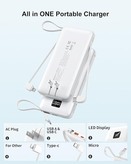 2-Pack Portable Charger Built-in Cables and AC Wall Plug, 10000mAh 22.5W PD - Image 2