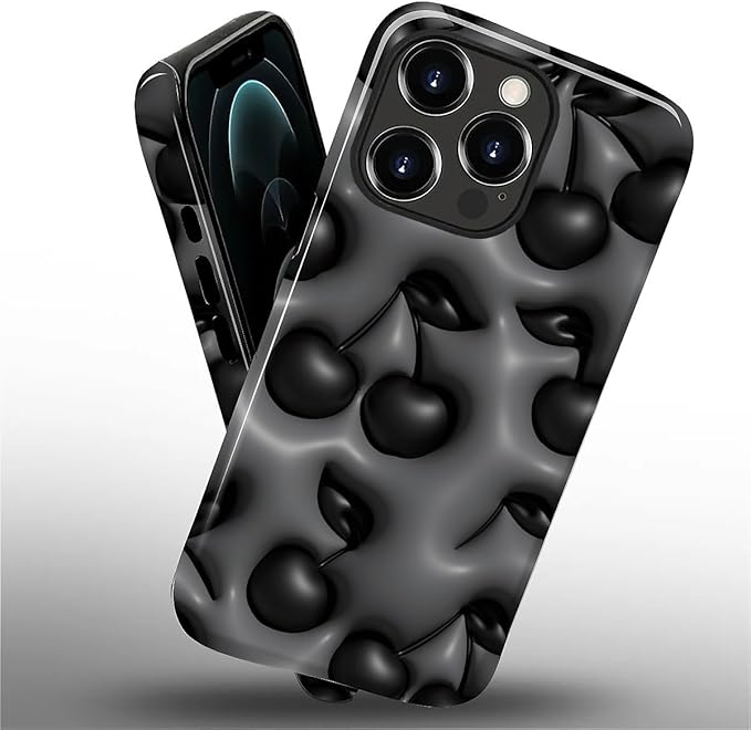 for iPhone 12/12Pro Case, HL2 Cute Cool Cherry Black Hybrid 2 Layer Hard Shell - Image 2