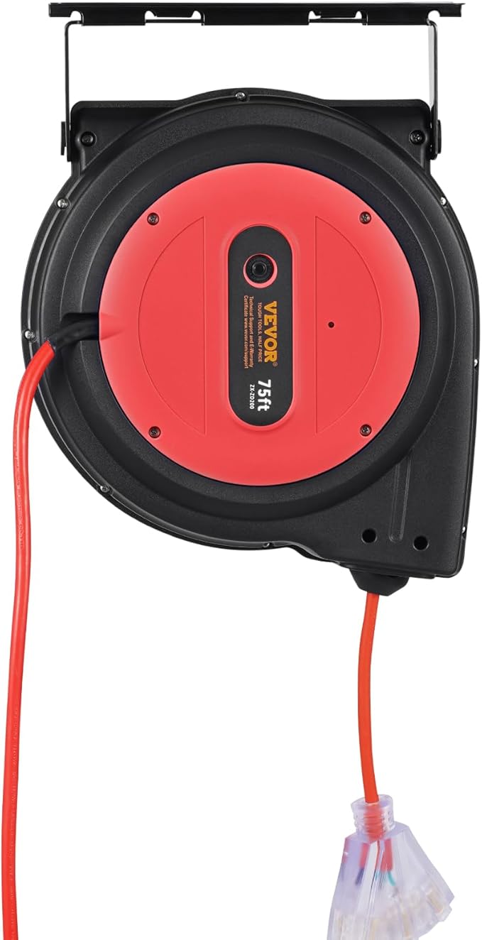VEVOR 75FT Retractable Extension Cord Reel, 14AWG/3C SJTOW Heavy Duty Power - Image 12