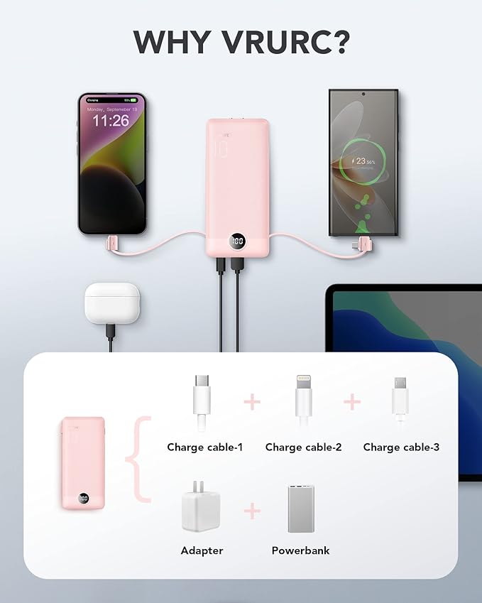 VRURC Portable Charger Built-in Cables and AC Wall Plug, USB C Power Bank - Image 5