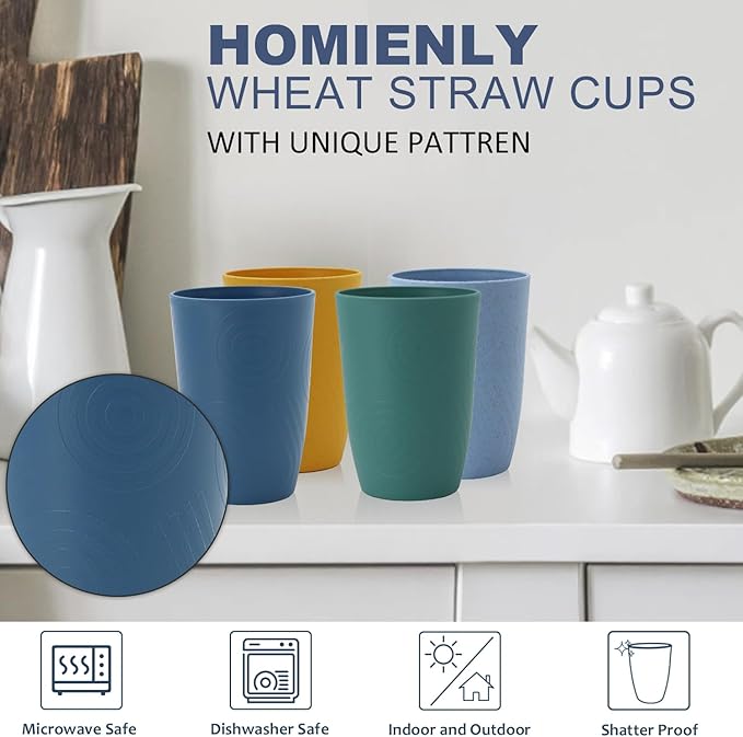 Homienly Wheat Straw Cups Set Unbreakable Drinking Glasses & Reusable Plastic - Image 3