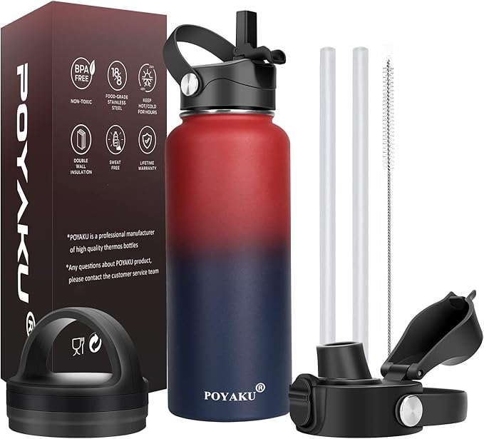 Water Bottle Insulated 32oz 40oz 64oz 128oz Straw Lid Spout Lid & 3 Lids by POYAKU