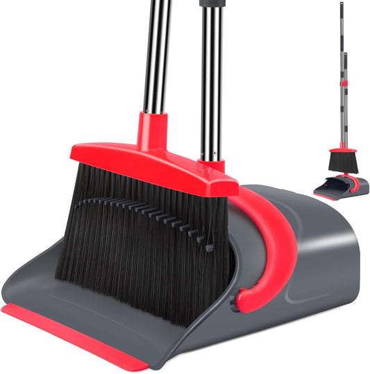 Broom and Dustpan Set,Broom with Dustpan Combo Set Dust pan with Long Handle, for Home Kitchen Room Office Lobby Floor Use Upright Stand Up(Gray&Red)