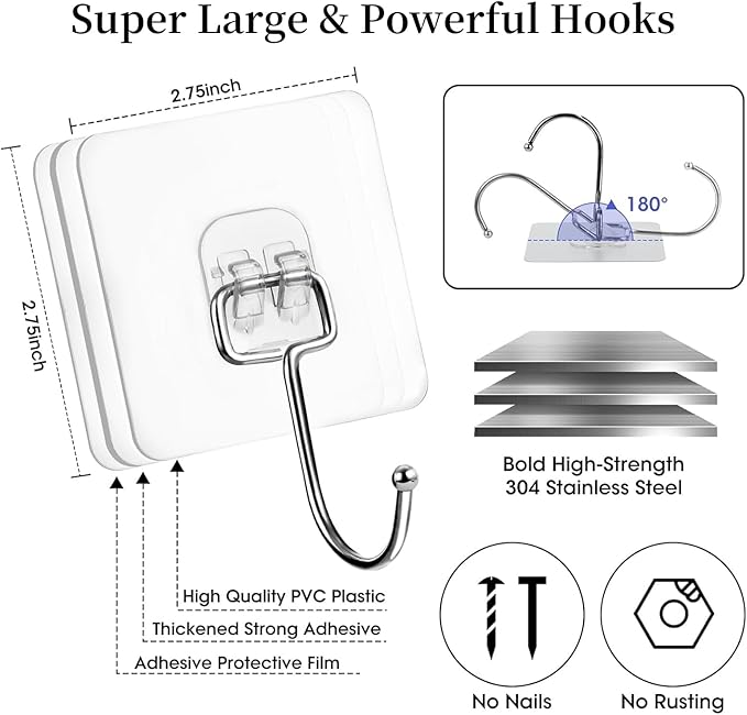 10 PCS Adhesive Wall Hooks 33lb Reusable Anti-Skid Traceless Hooks Heavy Duty - Image 2