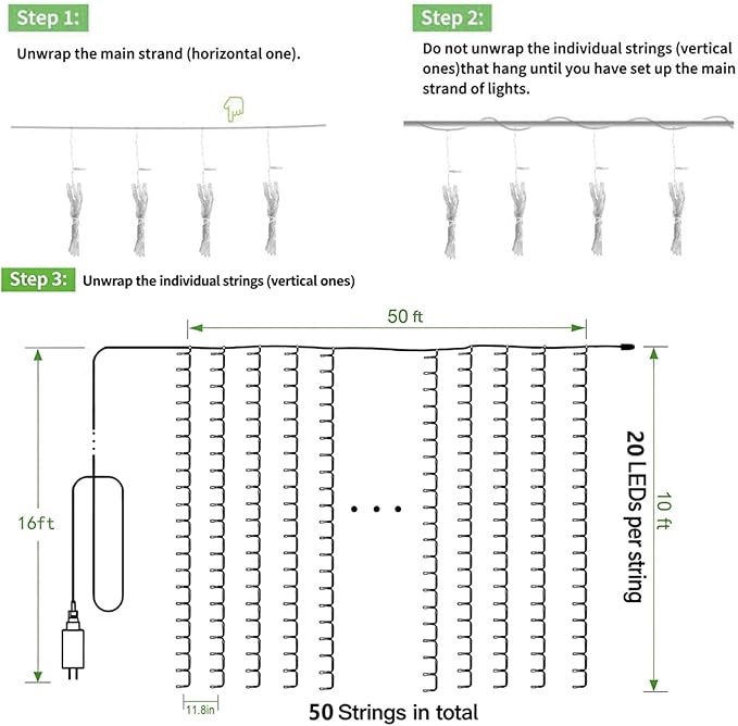 Solhice LED Curtain Lights Outdoor 50ft x10ft, 1000 LED Plug in Hanging String - Image 7