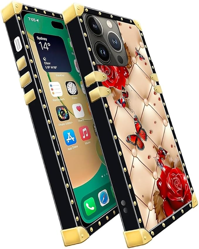 Compatible with iPhone 14 Pro Case, Shining Red Rose Butterfly Leather - Image 3