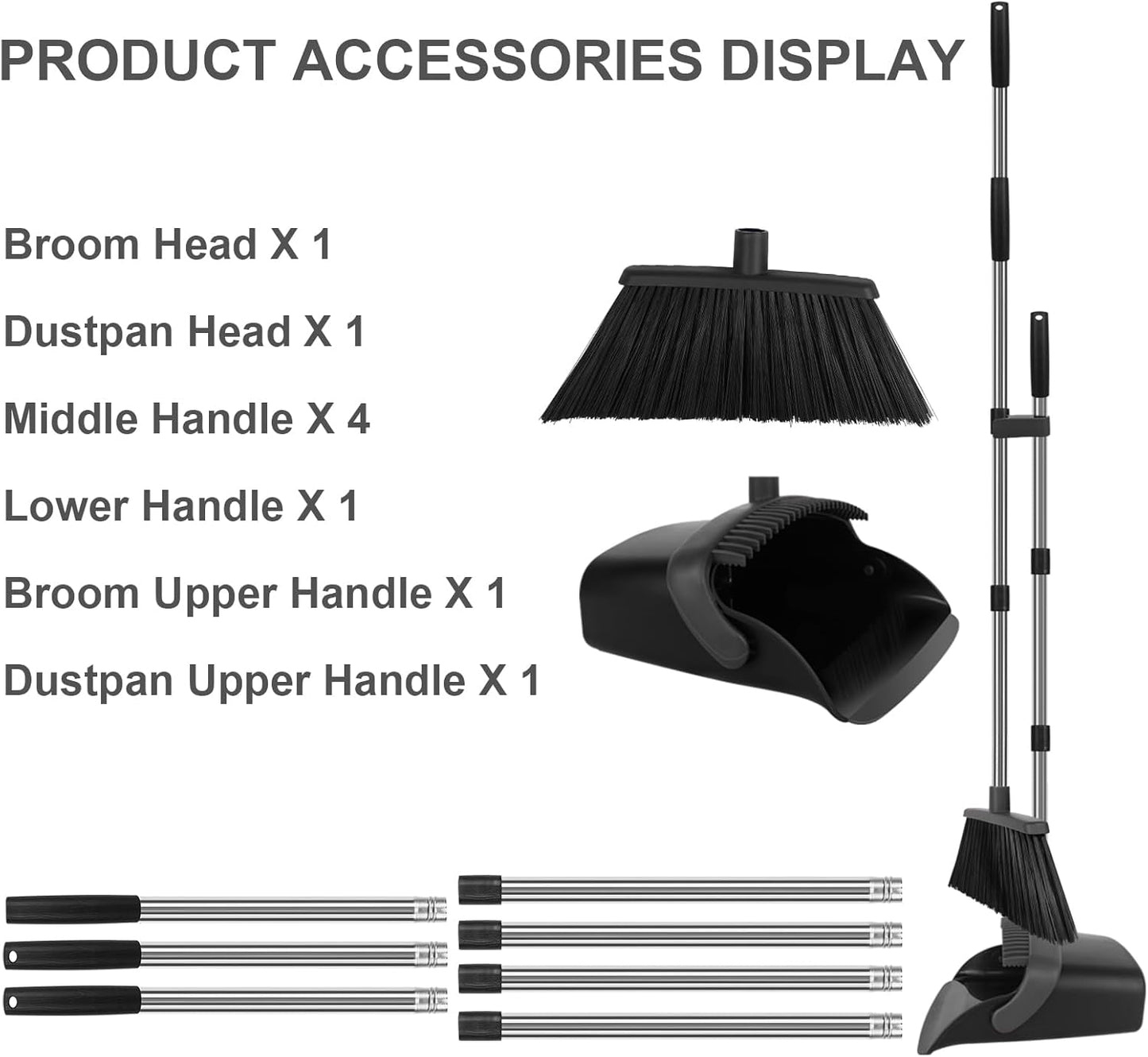Broom and Dustpan Set, Large Household Broom with Dustpan Combo Set, 55" Long Handle Black Dust Pan Kit for Kitchen Lobby Office Indoor Outdoor