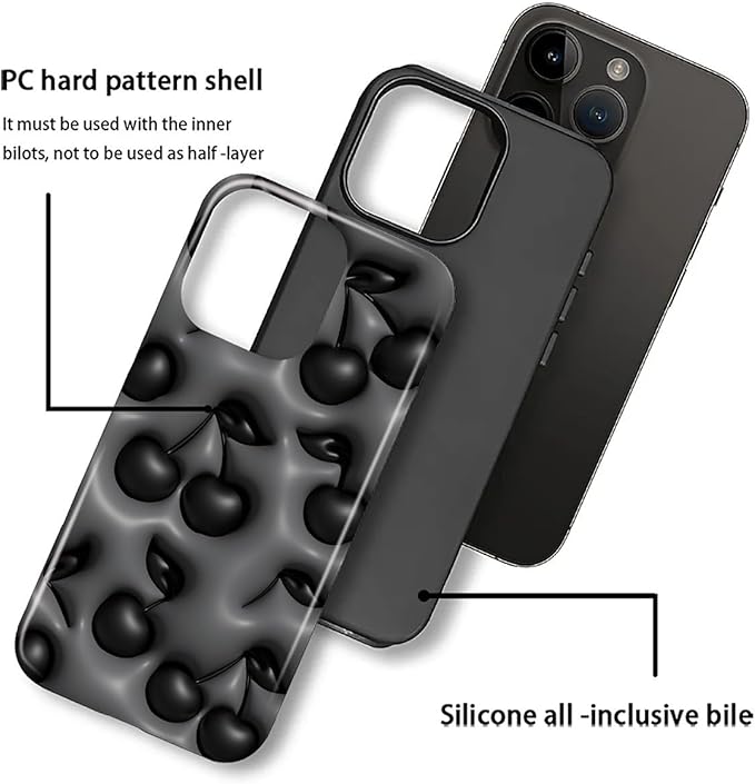 for iPhone 16 Pro Case, HL2 Cute Cool Cherry Black Hybrid 2 Layer Hard Shell - Image 3