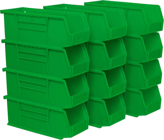 Akro-Mils 30224 AkroBins Plastic Storage Bins, Space-Saving Stackable Bins for Garage, Pantry, Craft Organization, 11" L x 4" W x 4" H, Green, 12-Pack