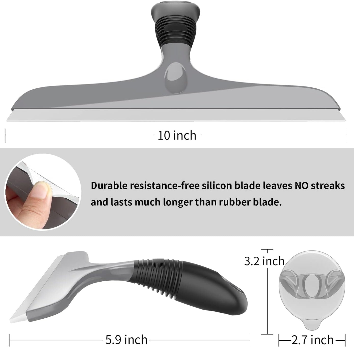 MR.SIGA Multi-Purpose Silicon Squeegee for Window, Glass, Shower Door, Car Windshield, Heavy Duty Window Scrubber, Includes Suction Hook, 10 inch, Gray & Black, 1 Pack