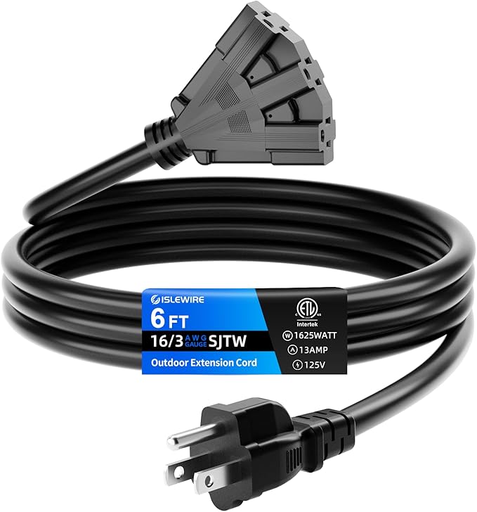 6 FT 3 Outlet Outdoor Extension Cord Waterproof, 16/3 SJTW Black Extension Cord by ISLEWIRE