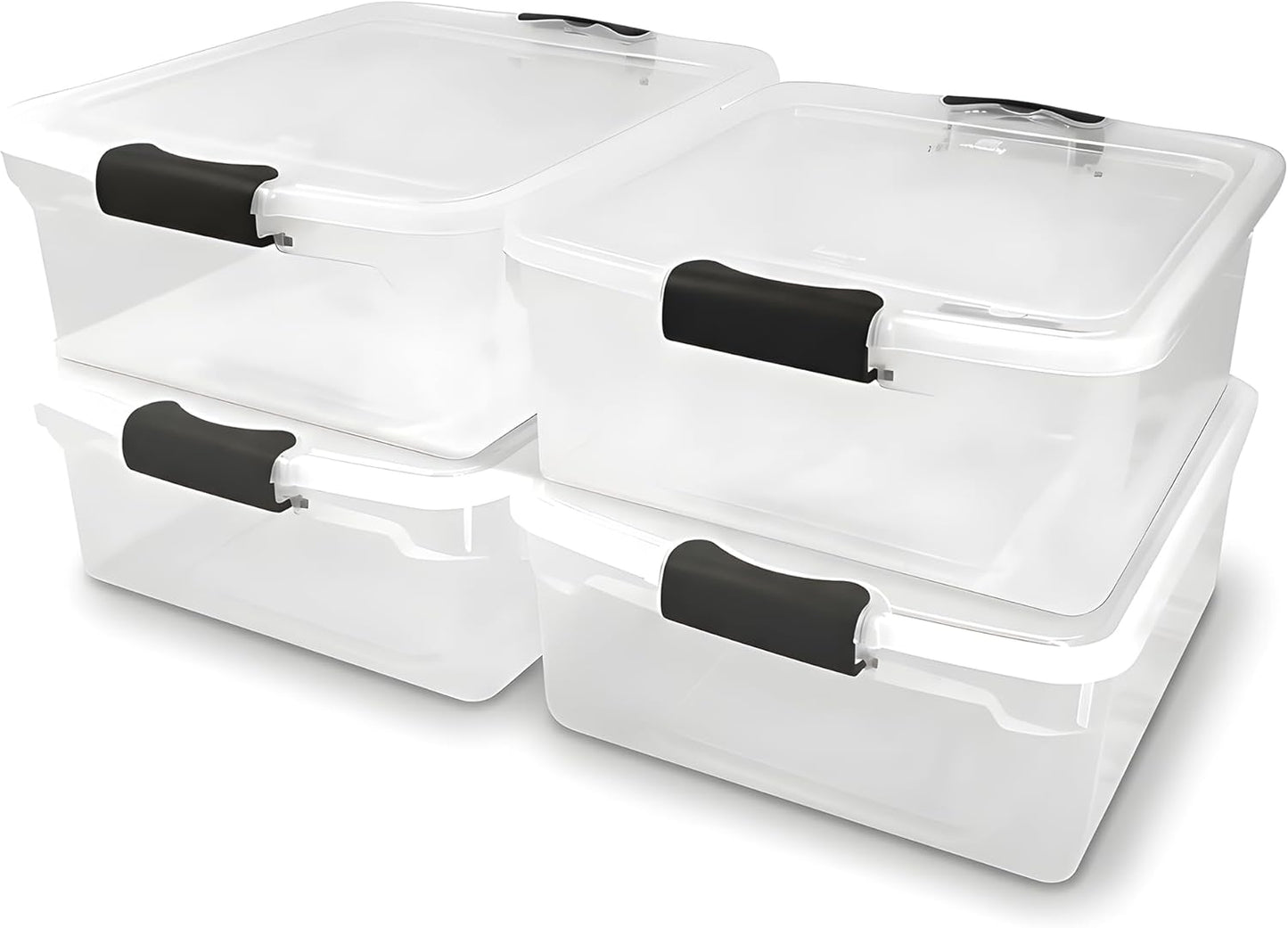 HOMZ 4-Pack Latching Lid, Clear Plastic Storage Organizer Bins, 15.5 Quart, Gray Latch - Stackable Organizing Containers for Home, Garage, and Office