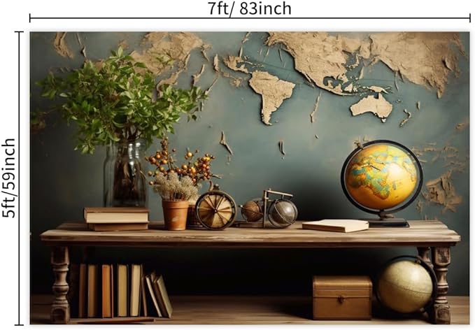 7x5ft Vintage World Map Backdrop Wooden Desk Globe Photography Background Study - Image 7