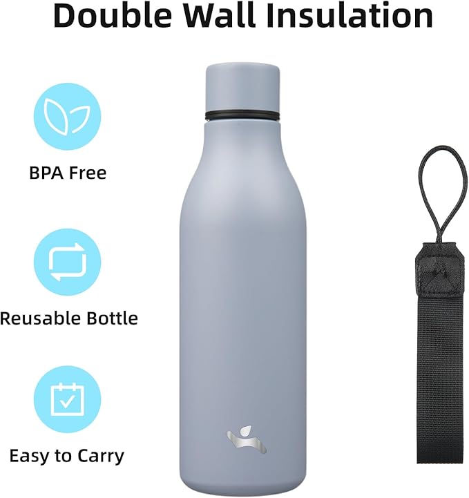 Insulated Water Bottle with Strap, 18 oz Double Wall Stainless Steel Vacuum - Image 3