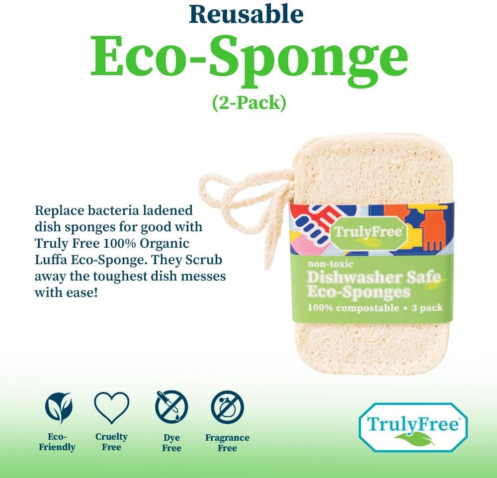 Truly Free Natural Cleaning Sponges, 100% Organic Luffa Dish Scrubber, Plant-Based Compostable Kitchen Dishwasher Sponge, Cleans Sink, Grout & Tile, Non Scratch Scouring Pad - 4.4 x 2.8 in, Pack of 3