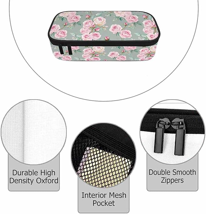 Pink Blooming Flower Pencil Holder Bag Roses Peonies Bouquets Leaves Garden - Image 3