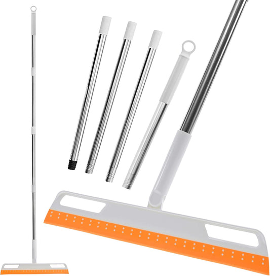 Multifunction Magic Broom, Silicone Floor Squeegee, Air Broom, Rubber Squeegee with 56" Long Handle, Floor Scraping Sweeper Wiper for Bathroom Shower Kitchen Pet Hair Fur Marble Tile Glass (Orange)