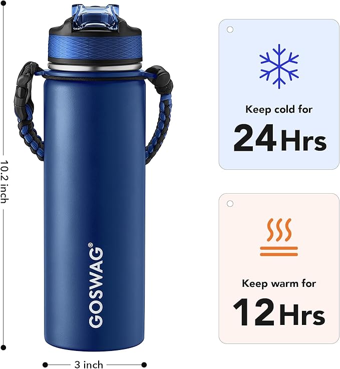 GOSWAG Insulated Sports Water Bottle, 24oz 2 Lids, Stainless Steel Water Bottles - Image 2