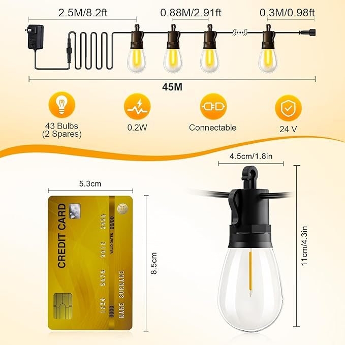 Outdoor String Lights Patio LED Light Outside - 45M 43+2 S14 LED 150ft Porch - Image 2
