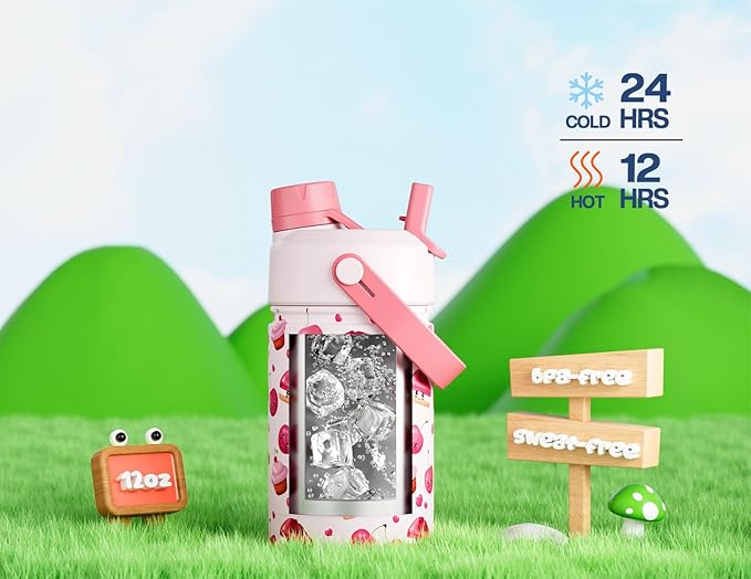12 oz Insulated Water Bottle for Kids: 2-in-1 Straw Spout Lid, Spill-proof - Image 4