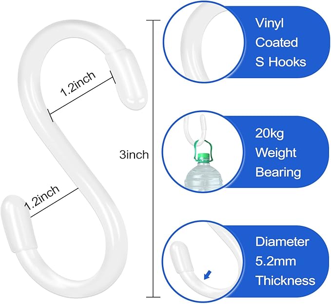 DINGEE 30 Pack 3 Inch White S Hooks, Vinyl Coated Heavy Duty S Hook - Image 2