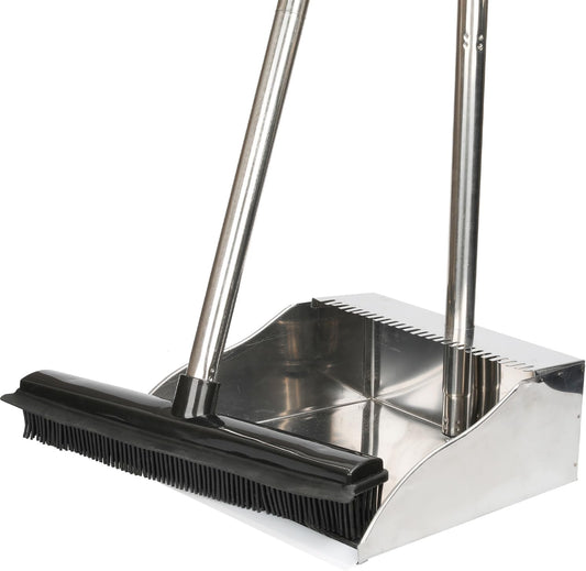 Rubber Broom and Dustpan Set,Pet Hair Removal Rubber Broom with Squeegee and Stainless Steel Dust Pan,Carpet Rake Push Broom and Dustpan for Fluff Hardwood Floor Tile (Black)