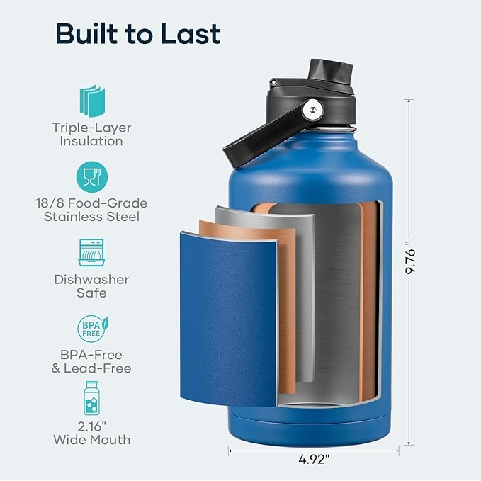 BUZIO Vacuum Insulated Stainless Steel Water Bottle, 64oz Double Walled Wide - Image 4