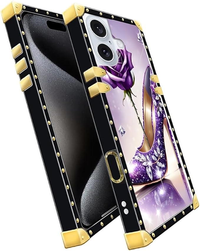 Compatible with iPhone 16 Case, High Heeled Purple Diamond Rose Luxury Golden - Image 3