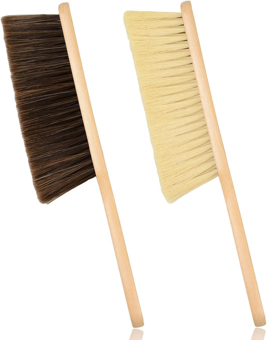 2 Pieces Woooden Dust Brush Hand Broom Bench Brush with Long Wood Handle Whisk Broom Soft Bristle Brush for Counter Bed Sofa Car Fireplace Clothes Household Cleaning(Brown, Khaki)