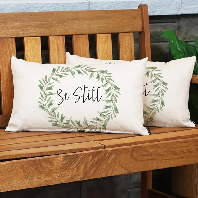 EKOBLA Rustic Be Still Rectangle Throw Pillow Case Green Olive Wreath Leaves - Image 3