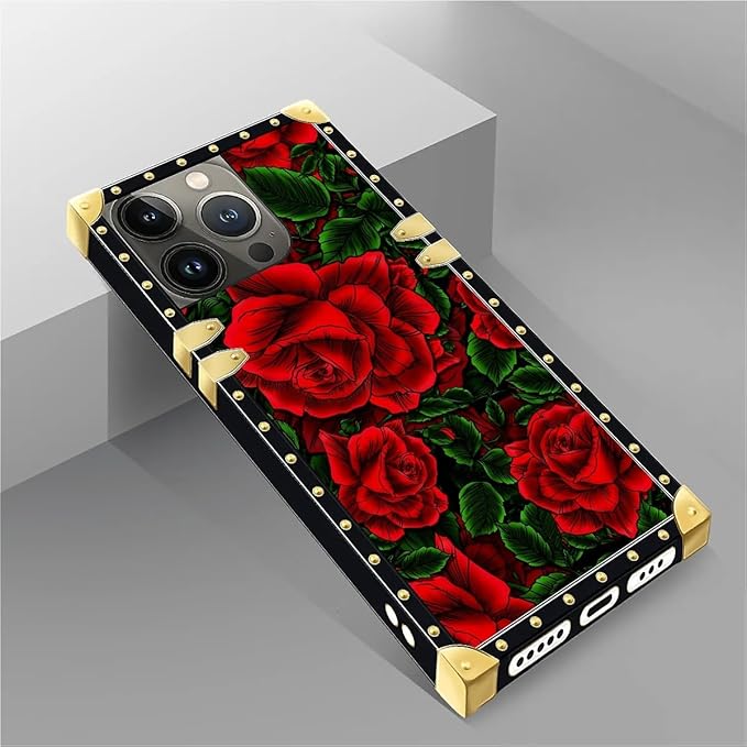 Compatible with iPhone 14 Pro Case, Vector Red Rose Green Leaf Luxury Golden - Image 5