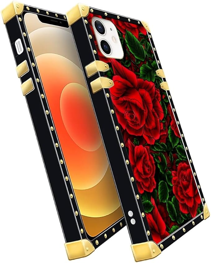 Compatible with iPhone 11 Case, Vector Red Rose Green Leaf Luxury Golden - Image 3