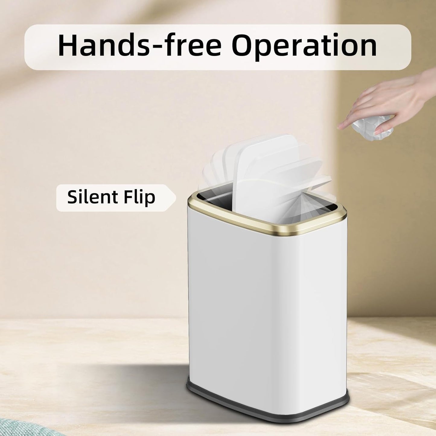 8L/2.1 Gallon Small Bathroom Trash Can with Lid, Swing-Top Rectangular Waste Bin, Stainless Steel Garbage Can for Home, Office, Toilet, Bedroom, Living-Room (White)