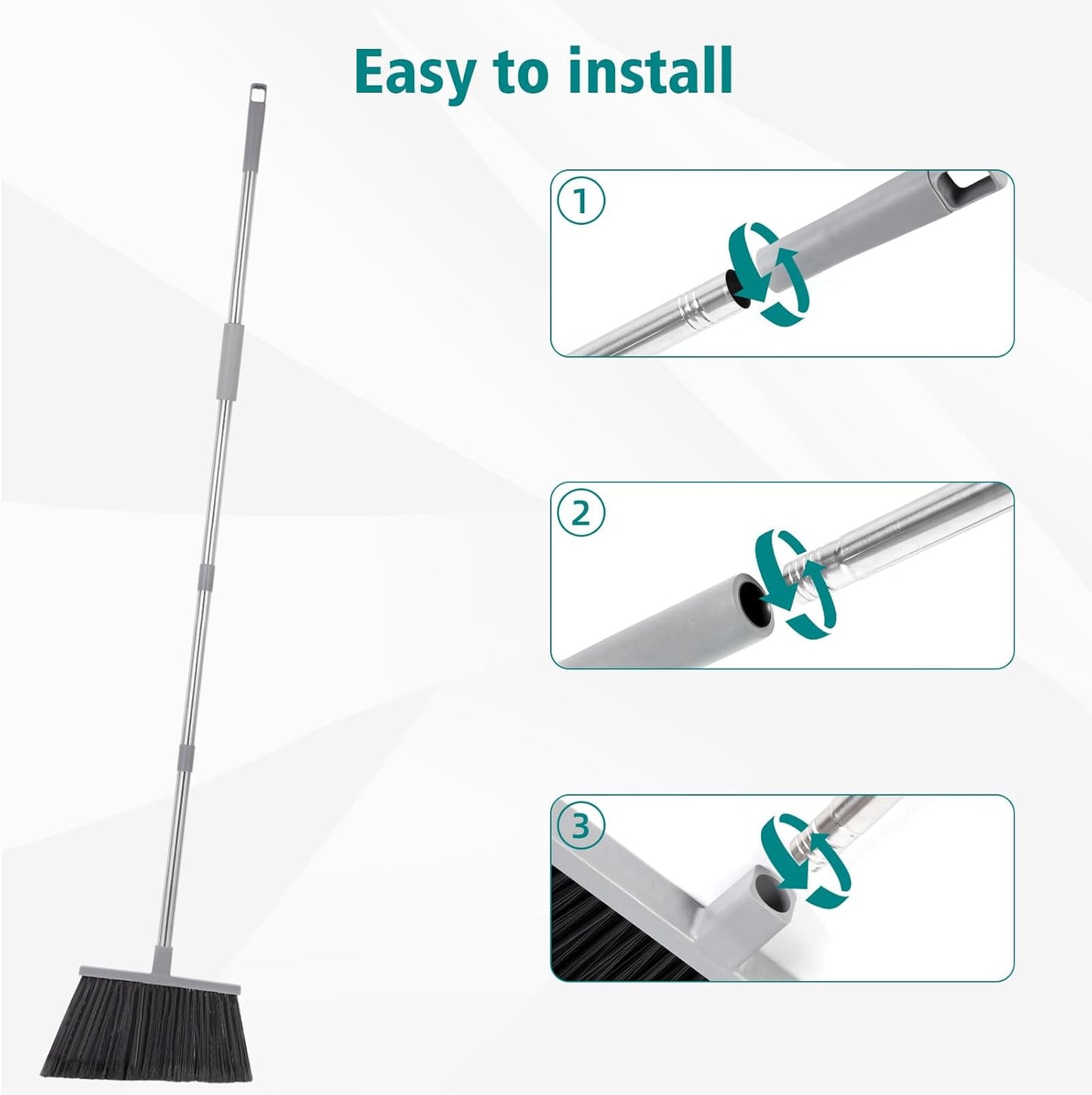 PBHEPJ Broom, Outdoor Broom for Floor Cleaning, 58" Long Stainless Steel Handle, Hard Bristle Angle Broom for Sweeping Indoor, Commercial, Industrial, Garage, Kitchen